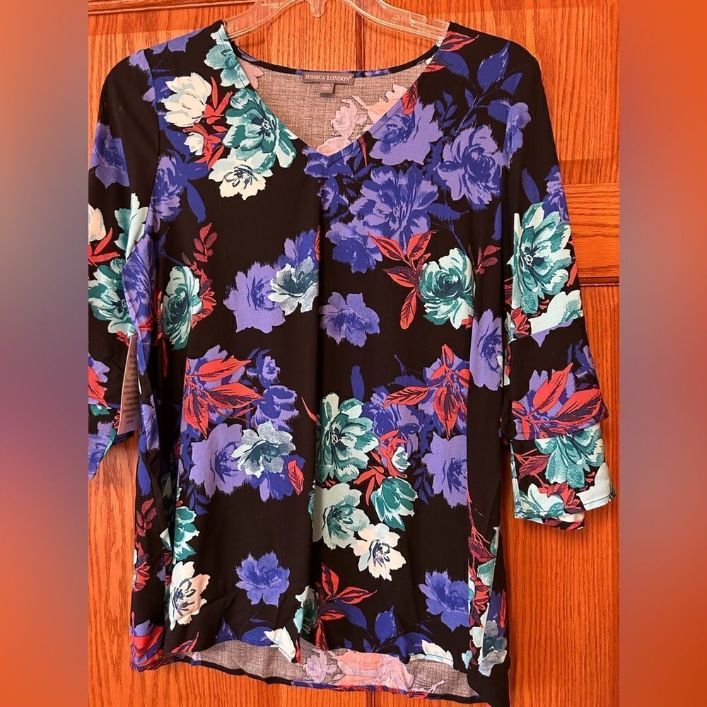 NWT Jessica London 12W black purple patterned tunic long sleeve blouse